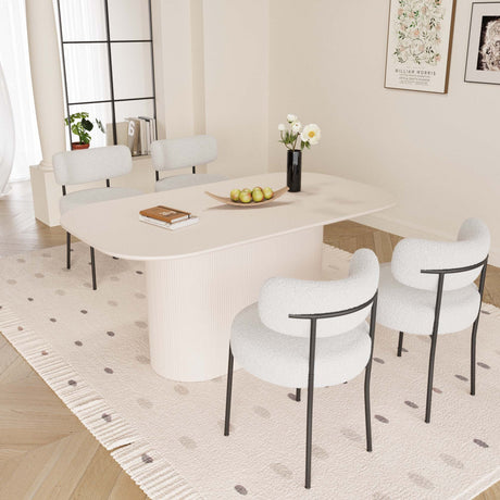 63' medieval modern cream style MDF dining table and 4 sets of circular cushioned armless dining chairs. Assemble desktop and black metal leg dining chair set, suitable for home & kitchen - sold by Home Elegance USA
