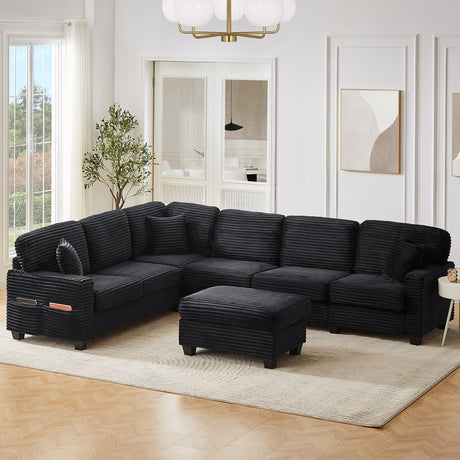 Upholstered U-shaped Sectional Sofa with Movable Ottoman and Side Storage Pockets in Black Corduroy, 125.2 inches - sold by Home Elegance USA