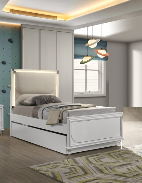 Contemporary Glam Pearl White Full Size Bed W Trundle 2x Nightstands Embossed Panel 3pc Bedframe Bedroom Furniture - sold by Home Elegance USA