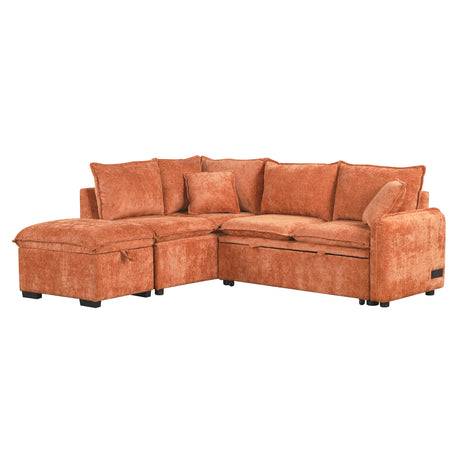 Convertible L-shaped Sofa Bed with Storage Ottoman, Power Sockets & USB Ports, Orange Chenille, 82.67' - sold by Home Elegance USA