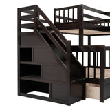 Twin-Twin over Full L-Shaped Bunk Bed With 3 Drawers, Portable Desk and Wardrobe, Espresso - Home Elegance USA