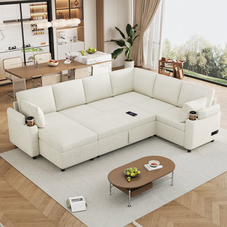 Convertible U-Shaped Sofa Bed with Storage, Cup Holders and Charging Ports, Beige Chenille, 109.9' - sold by Home Elegance USA