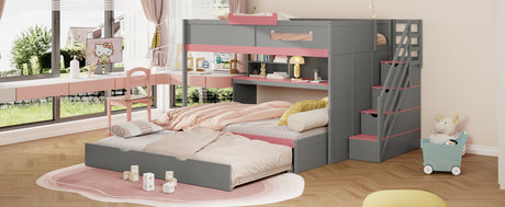 Full Over Full Bunk Bed with Twin Size Trundle and Staircase, Shelves, LED,Gray - sold by Home Elegance USA
