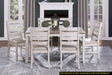 Grayish White and Brown Finish Casual Dining Room Furniture 7pc Dining Set Rectangular Wooden Table and 6x Side Chairs Fabric Upholstered Seat
