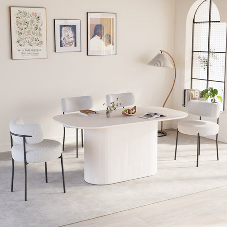 63' medieval modern cream style MDF dining table and 4 sets of circular cushioned armless dining chairs. Assemble desktop and black metal leg dining chair set, suitable for home & kitchen - sold by Home Elegance USA