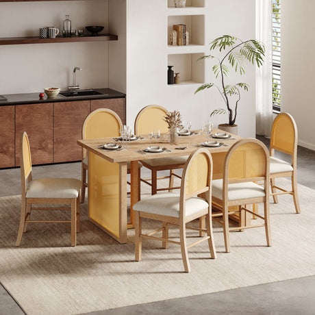 TREXM 7-Piece Farmhouse Dining Table Set for 6 - 59.8' Rectangular Dining Table with Distressed Oak Veneer and 6 Rattan Chairs, Rustic Kitchen Furniture for Dining Room(Natural) - sold by Home Elegance USA
