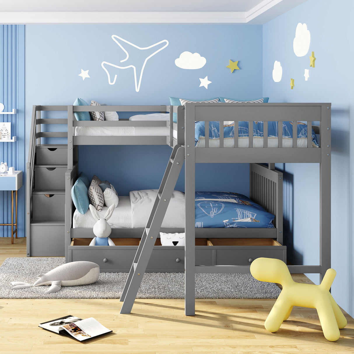 Twin over Full L-Shaped Bunk Bed With 3 Drawers, Ladder and Staircase - Gray - sold by Home Elegance USA