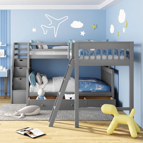 Twin over Full L-Shaped Bunk Bed With 3 Drawers, Ladder and Staircase - Gray - sold by Home Elegance USA