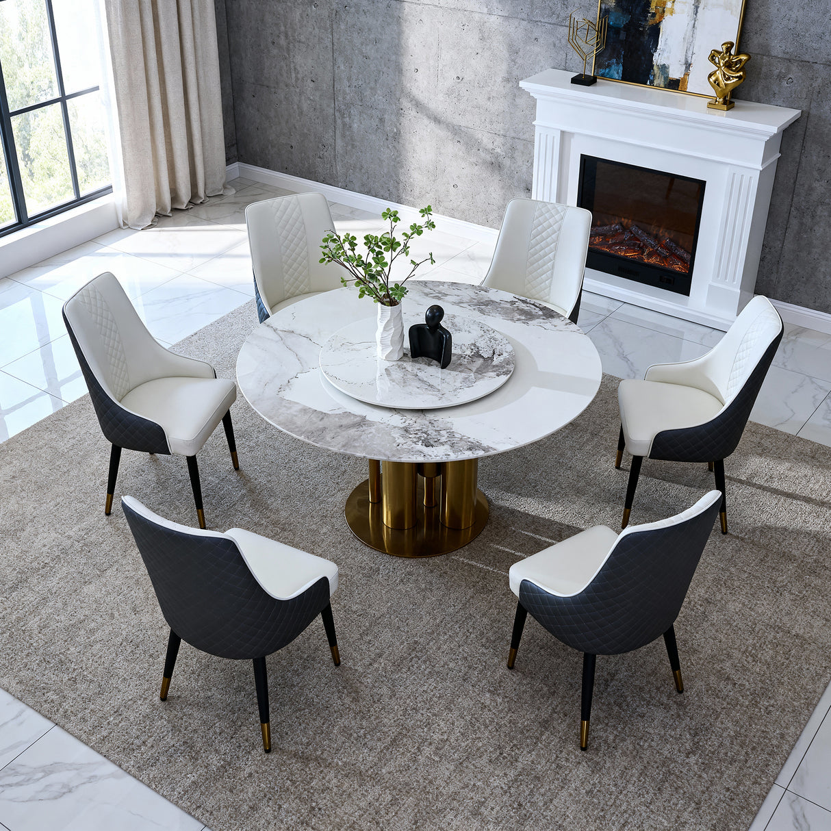 59' Round Dining Table with 360° Rotating Lazy Susan, Scratch-Resistant Sintered Stone Top, Modern Minimalist Design for Compact Kitchen & Dining Room (6 chairs)