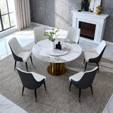 59' Round Dining Table with 360° Rotating Lazy Susan, Scratch-Resistant Sintered Stone Top, Modern Minimalist Design for Compact Kitchen & Dining Room (6 chairs)