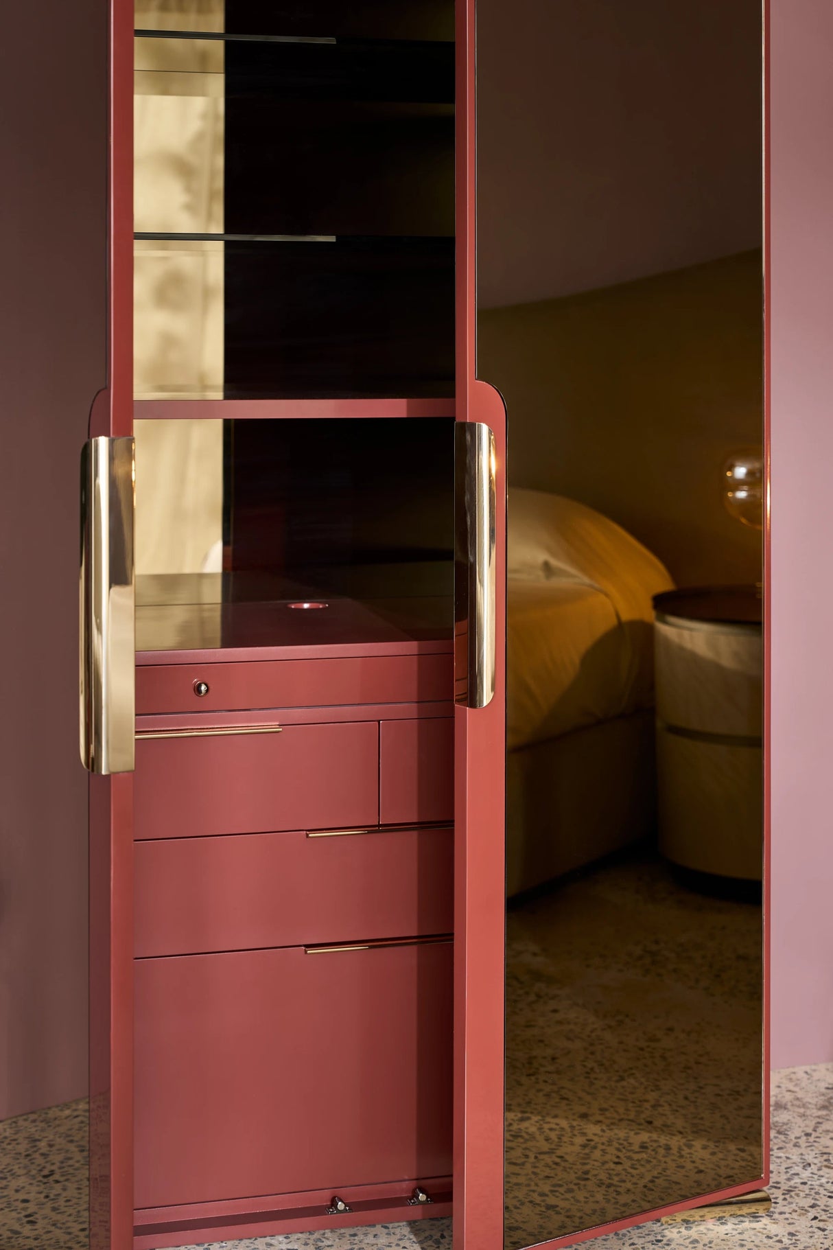 Allure Armoire Rouge Red Gloss with Bronze Mirror Doors | Caracole