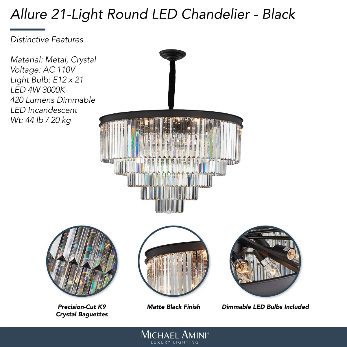 Allure 21-Light LED Chandelier – Black Round Crystal Cascade Luxury Fixture