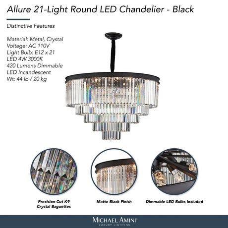 Allure 21-Light LED Chandelier – Black Round Crystal Cascade Luxury Fixture