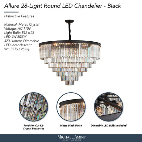 Allure 28-Light LED Chandelier – Black Round Tiered K9 Crystal Luxury Lighting