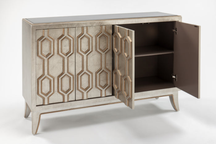 Aged Metallic Gold & Silver Cabinet 2919-S with Black Glass Top – Artmax 2919-S - Home Elegance USA