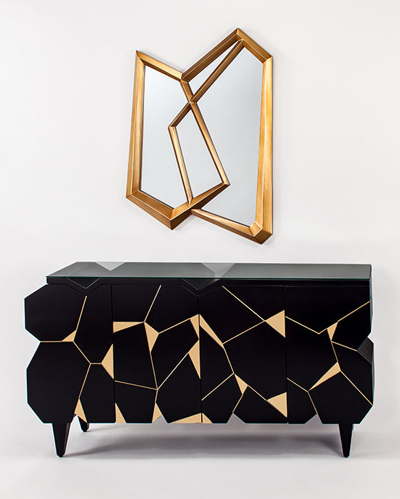 Artmax 4498-S black cabinet with antique gold details, 4-door storage, glass top, and optional 4498-FM antique gold mirror. Dimensions: Cabinet 66"W x 16"D x 34.5"H, Mirror 34"W x 50"H.