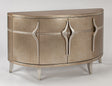 Decorative metallic cabinet with curved design and silver handles on a white background