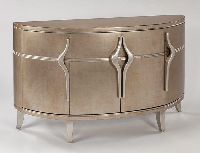 Decorative metallic cabinet with curved design and silver handles on a white background