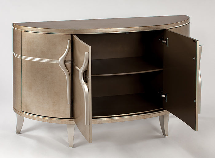 Bronze-colored sideboard with open doors on a white background
