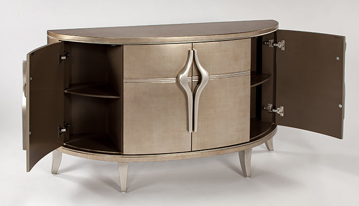 Decorative metallic cabinet with open doors on a white background