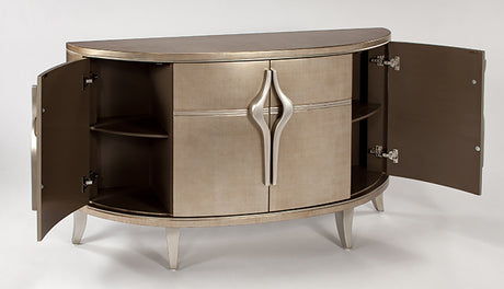 Decorative metallic cabinet with open doors on a white background