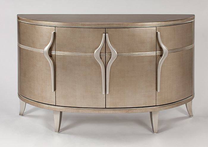 Decorative wooden cabinet with metallic finish on a white background