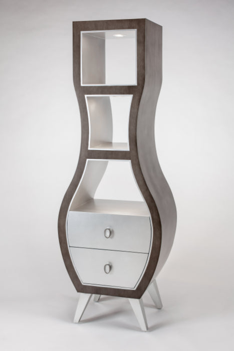 Curved wooden cabinet with glass panels and drawers on a white background