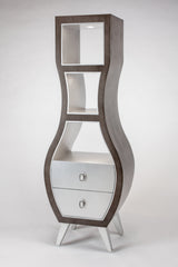 Curved wooden cabinet with glass panels and drawers on a white background