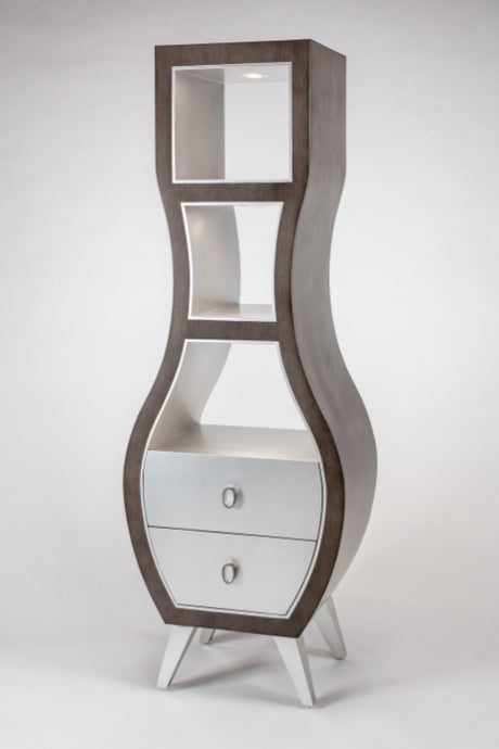 Curved wooden cabinet with glass panels and drawers on a white background