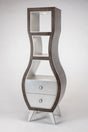 Curved wooden cabinet with glass panels and drawers on a white background