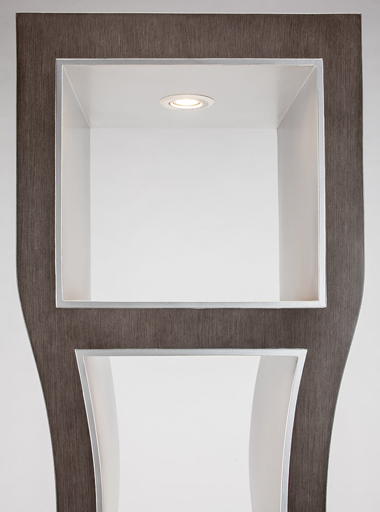 Wooden floor lamp with a square light fixture on a white background