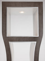 Wooden floor lamp with a square light fixture on a white background