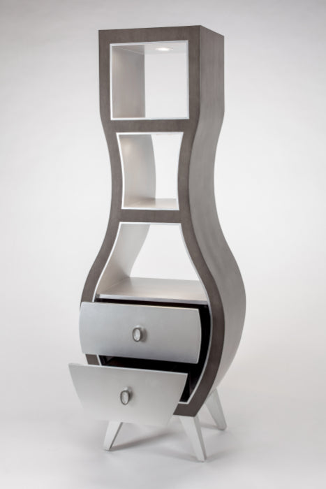 Modern, curved cabinet with glass panels and a drawer on a white background