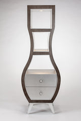 Tall, narrow wooden cabinet with glass panels and a drawer on a white background