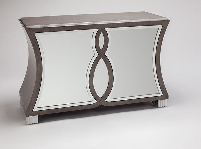 Decorative console table with a geometric design on a white background