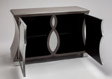 Modern console table with black and silver design on a white background