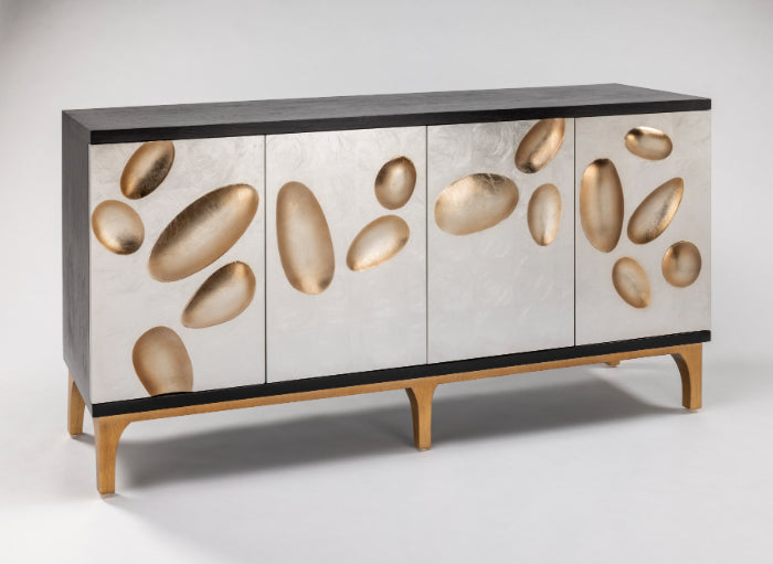 Artmax Black Cabinet with textured case, silverleaf doors, gold oval design, gold base, glass top, 4 doors, 1 shelf, 2 lined drawers, and optional 42"x52" goldleaf wall mirror.