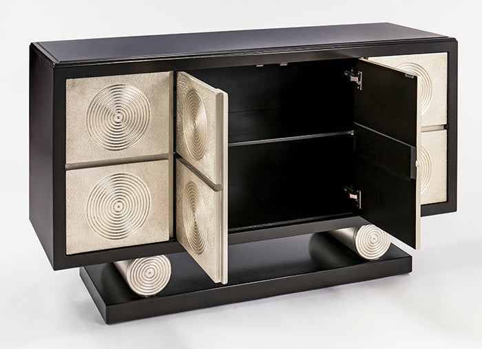 Decorative cabinet with black and beige design on a white background