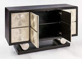 Decorative cabinet with black and beige design on a white background