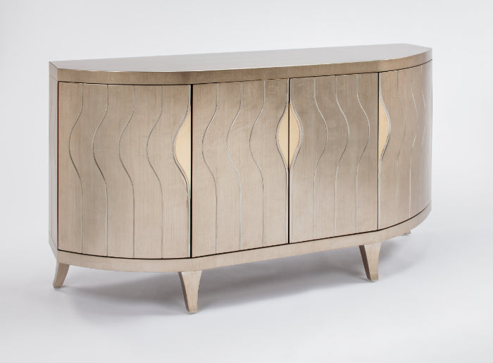 Artmax Soft Goldleaf Cabinet with silver etched vertical design, gold door details, protective glass top, 4 doors, 1 shelf, and optional 44" round mirror with silver trim.