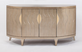 Artmax Soft Goldleaf Cabinet with silver etched vertical design, gold door details, protective glass top, 4 doors, 1 shelf, and optional 44" round mirror with silver trim.