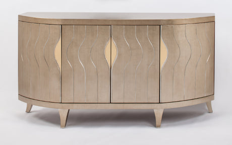 Artmax Soft Goldleaf Cabinet with silver etched vertical design, gold door details, protective glass top, 4 doors, 1 shelf, and optional 44" round mirror with silver trim.