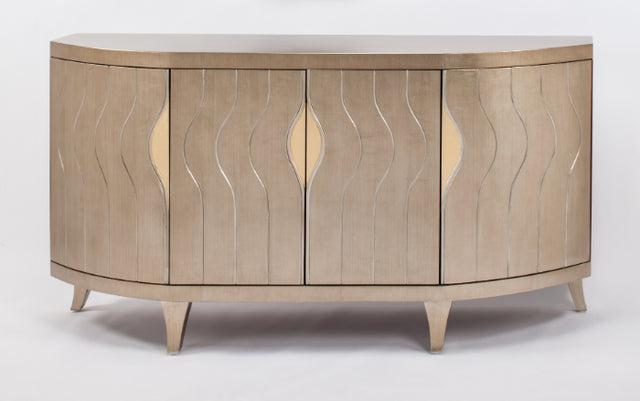 Artmax Soft Goldleaf Cabinet with silver etched vertical design, gold door details, protective glass top, 4 doors, 1 shelf, and optional 44" round mirror with silver trim.