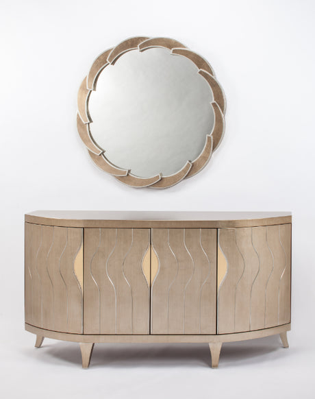 Artmax Soft Goldleaf Cabinet with silver etched vertical design, gold door details, protective glass top, 4 doors, 1 shelf, and optional 44" round mirror with silver trim.