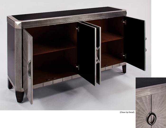 Decorative cabinet with open doors on a white background