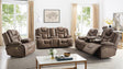 Asher Motion Living Room Set by Cosmos Furniture with power reclining sofa (83×39×42), loveseat with console (74×39×42), and recliner chair (37×39×42); includes USB ports and LED lights.