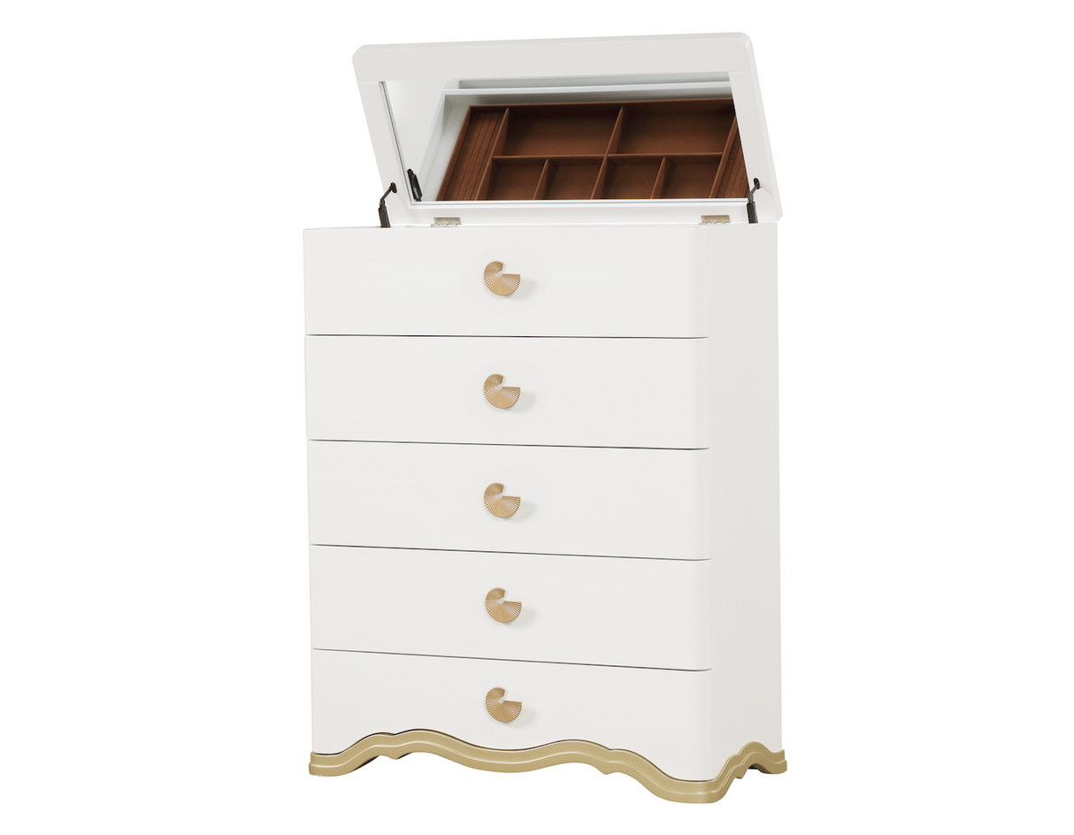 Ivory jewelry armoire with gold accents on a white background