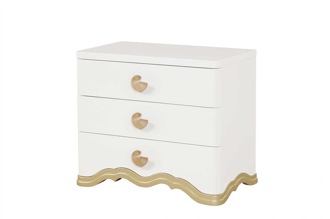 Ivory dresser with gold accents on a white background