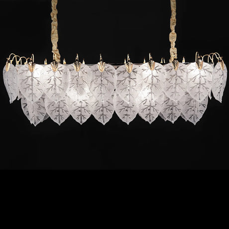 Autumn Rectangular Light Chandelier – Frosted Glass Leaf Design with Gold Accents