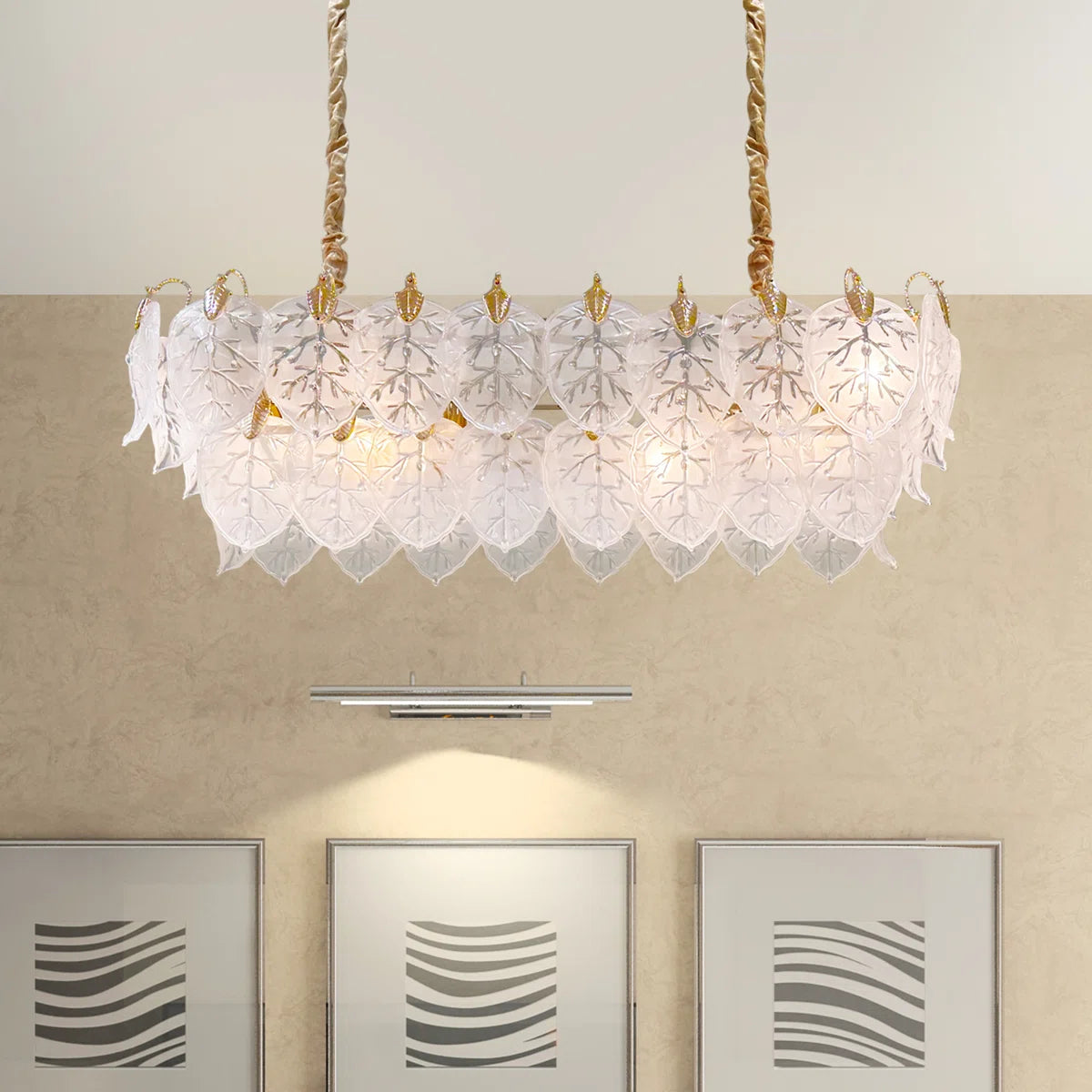 Autumn Rectangular Light Chandelier – Frosted Glass Leaf Design with Gold Accents
